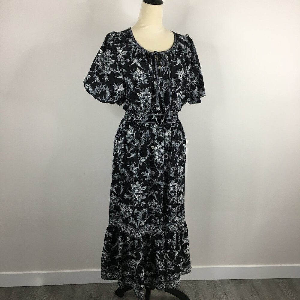 NWT MAX STUDIO Petite Black White Floral Bird Print Tie Collar Boheme Maxi Dress